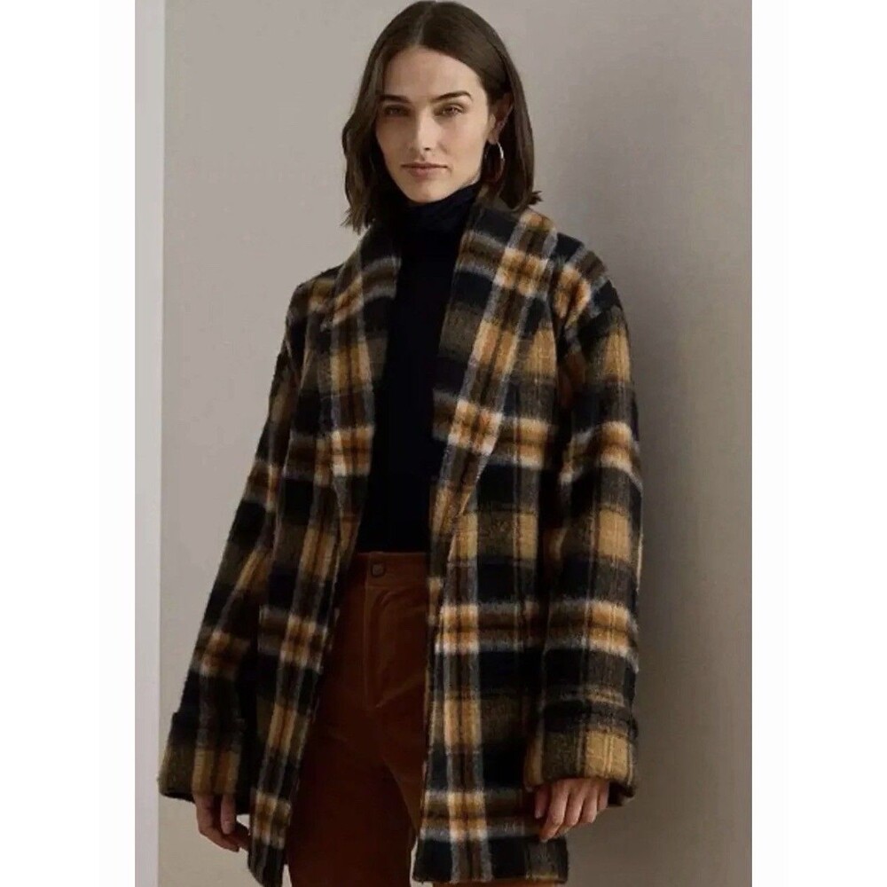 LAUREN RALPH LAUREN Darda Wool Blend Plaid Wrap Coat Belted Cardigan Women’s L